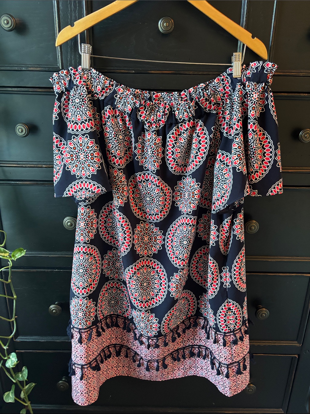 Maggy London Shift Dress Size 16 Navy/Coral Mandala Print Tassel Off Shoulder